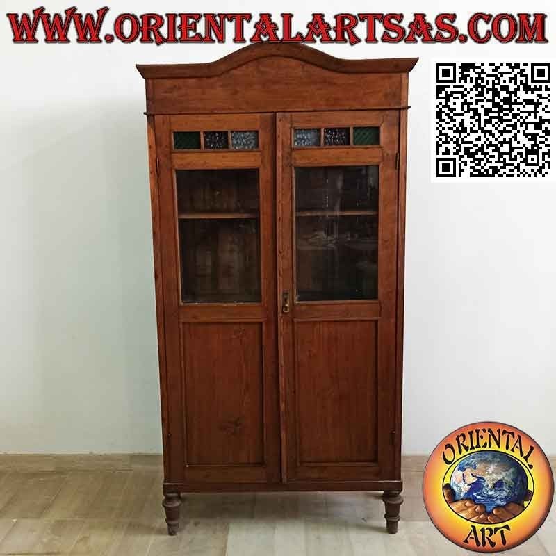 Antike Vitrine mit zwei Türen mit farbigem Glas aus Teakholz