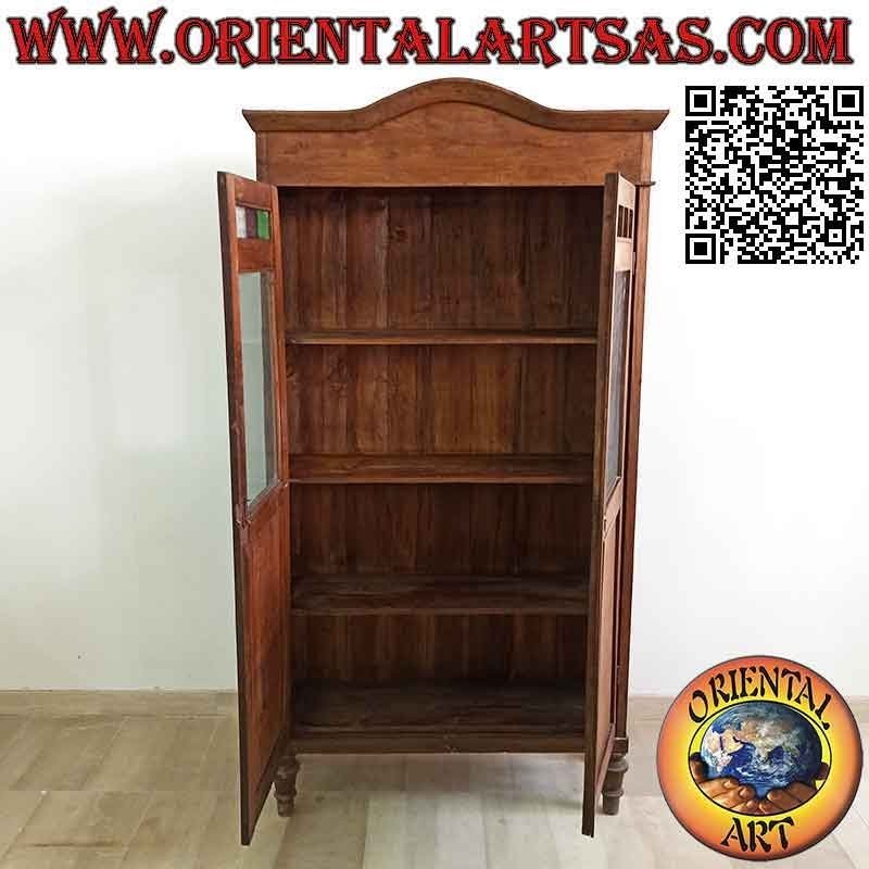Vetrina antica a due ante con vetri colorati in legno di teak