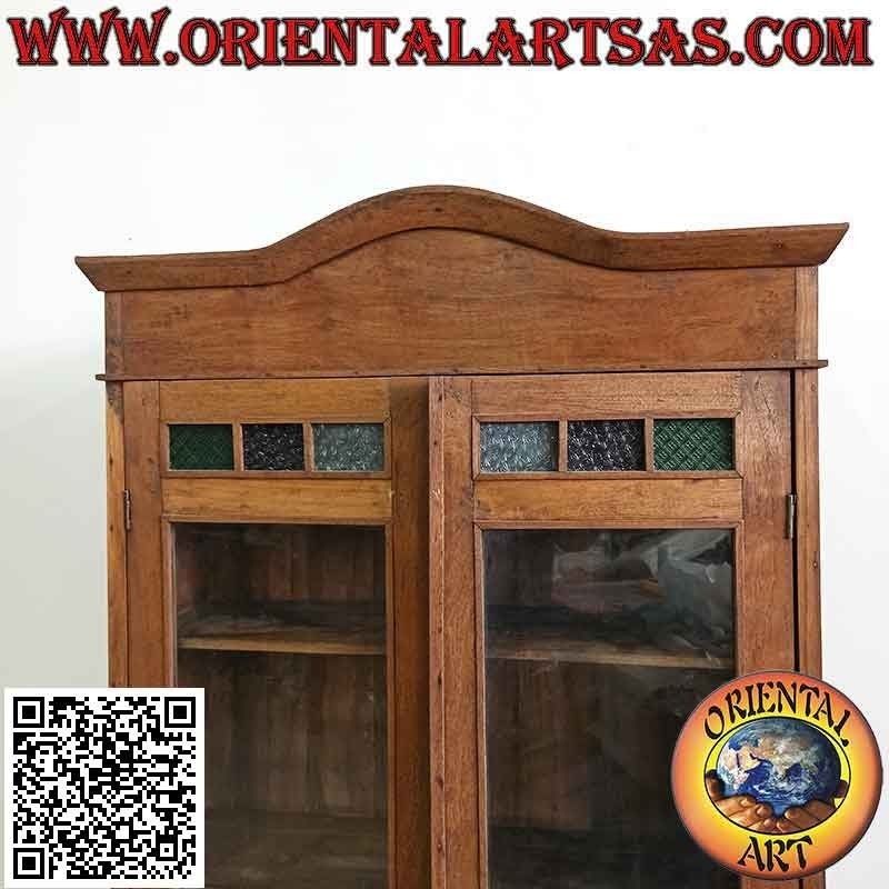 Vitrine ancienne à deux portes avec verre coloré en bois de teck