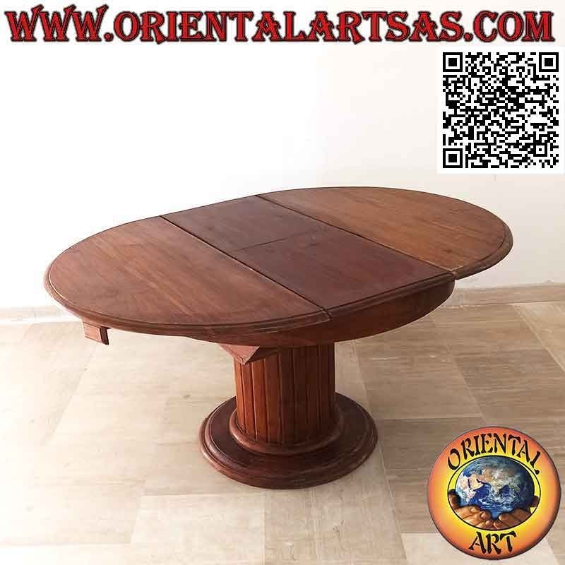 Mesa extensible redonda sobre un pie con listones de madera de teca (110 cm Ø)