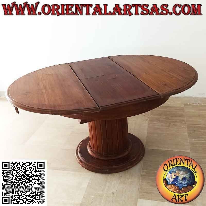 Mesa extensible redonda sobre un pie con listones de madera de teca (110 cm Ø)
