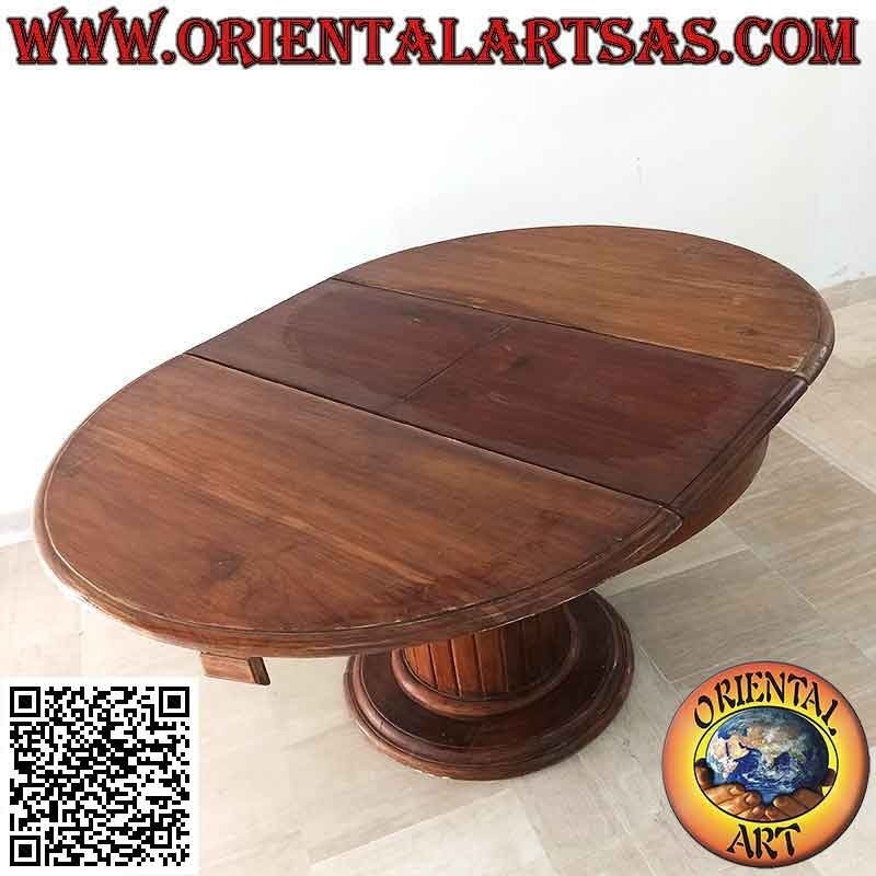 Round extendable table on a single foot with teak wood slats (110 cm Ø)