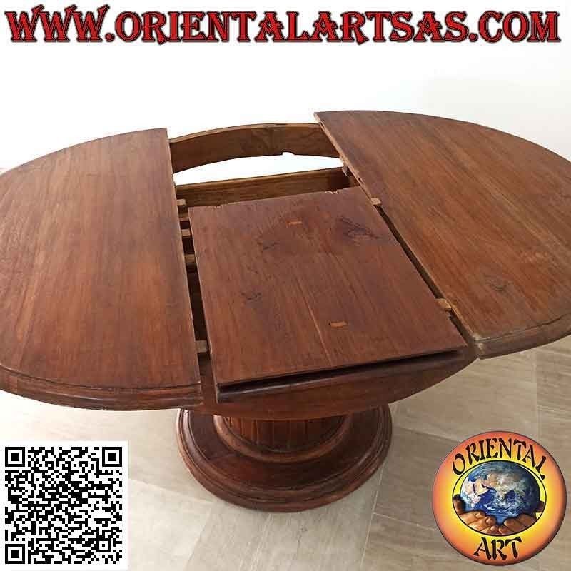 Round extendable table on a single foot with teak wood slats (110 cm Ø)