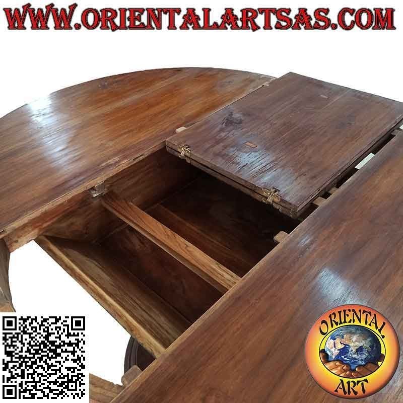 Table ronde extensible sur un seul pied avec lattes en bois de teck (110 cm Ø)