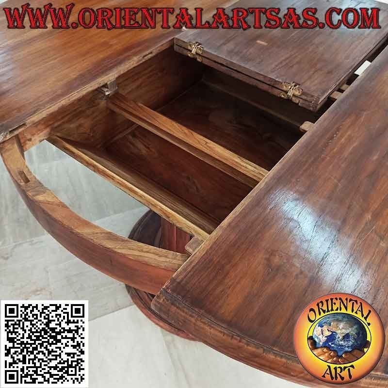 Round extendable table on a single foot with teak wood slats (110 cm Ø)