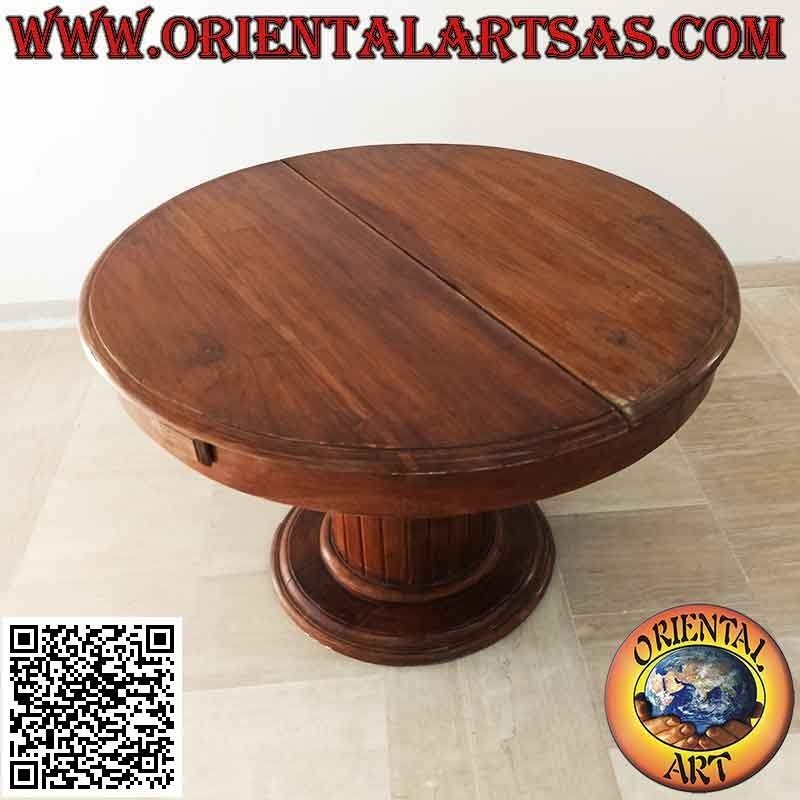 Round extendable table on a single foot with teak wood slats (110 cm Ø)