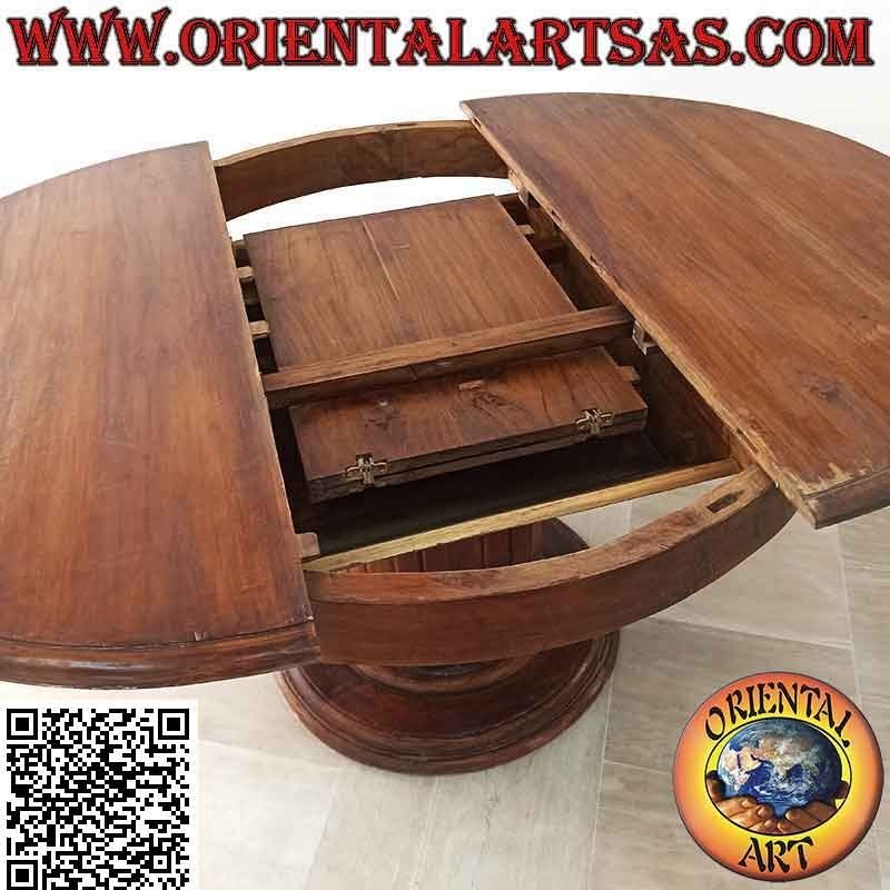 Mesa extensible redonda sobre un pie con listones de madera de teca (110 cm Ø)