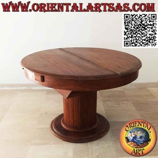 Mesa extensible redonda sobre un pie con listones de madera de teca (110 cm Ø)