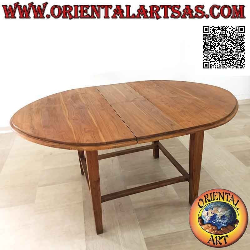 Ausziehbarer ovaler Tisch mit vier verbundenen Beinen aus Teakholz (130 x 148 cm)