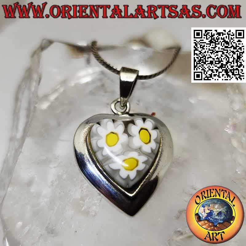 Pendentif en argent, coeur avec murrina (marguerites) et bord lisse