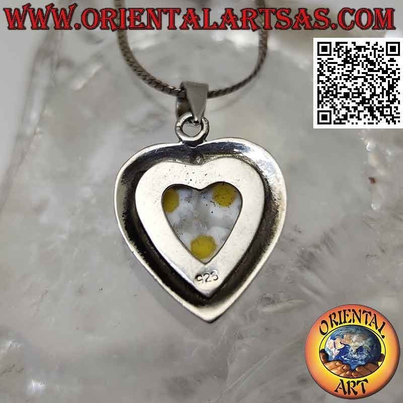 Colgante de plata, corazón con murrina (margaritas) y borde liso
