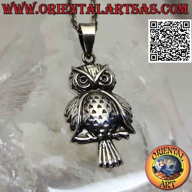 Silver pendant, the owl on the front branch (large)