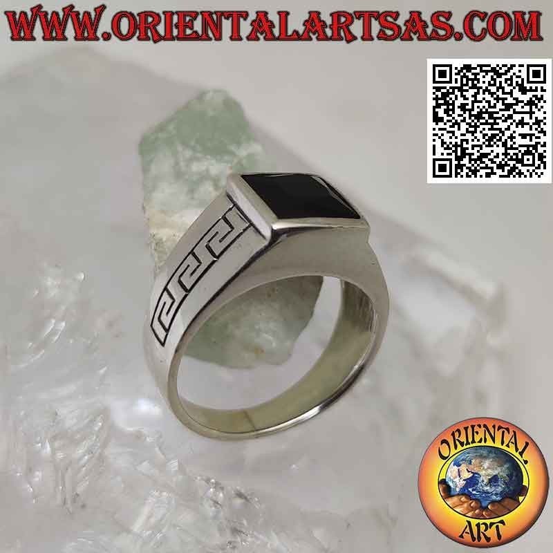 Silver ring with square spinel and Greek engraved on the sides