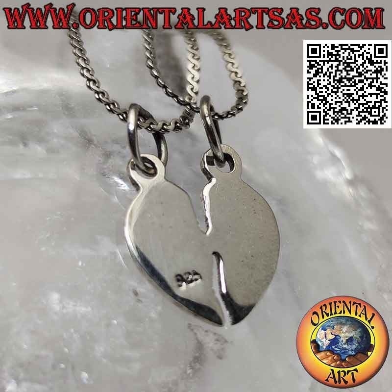 Double silver pendant, flat "sweet half" smooth broken heart