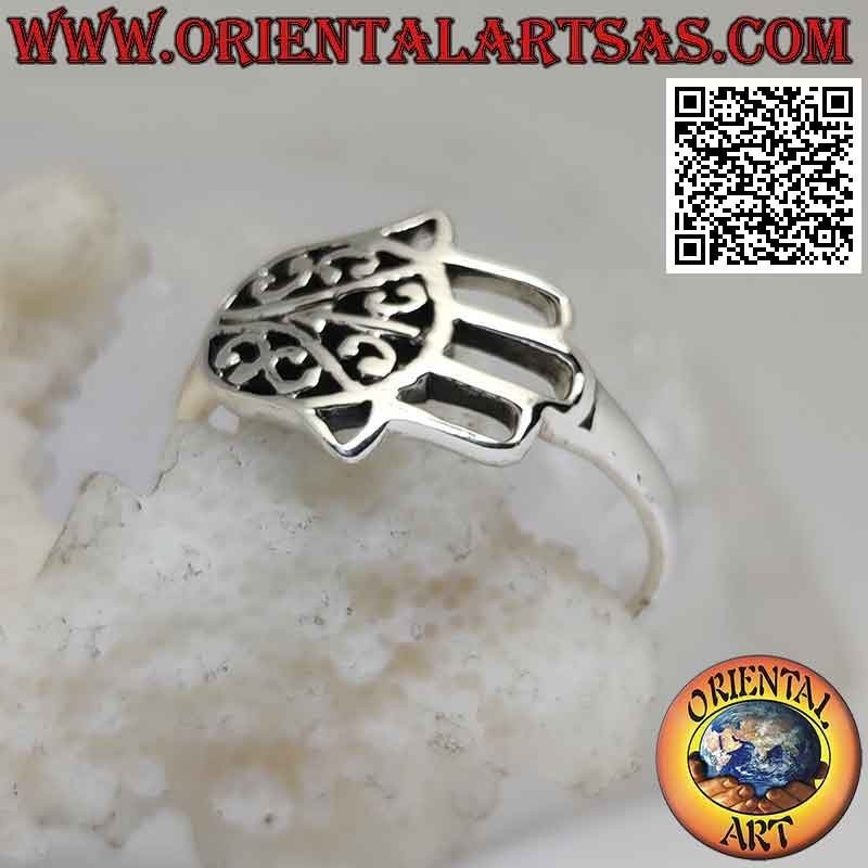 Anello in argento con mano di Fatima orizzontale traforata