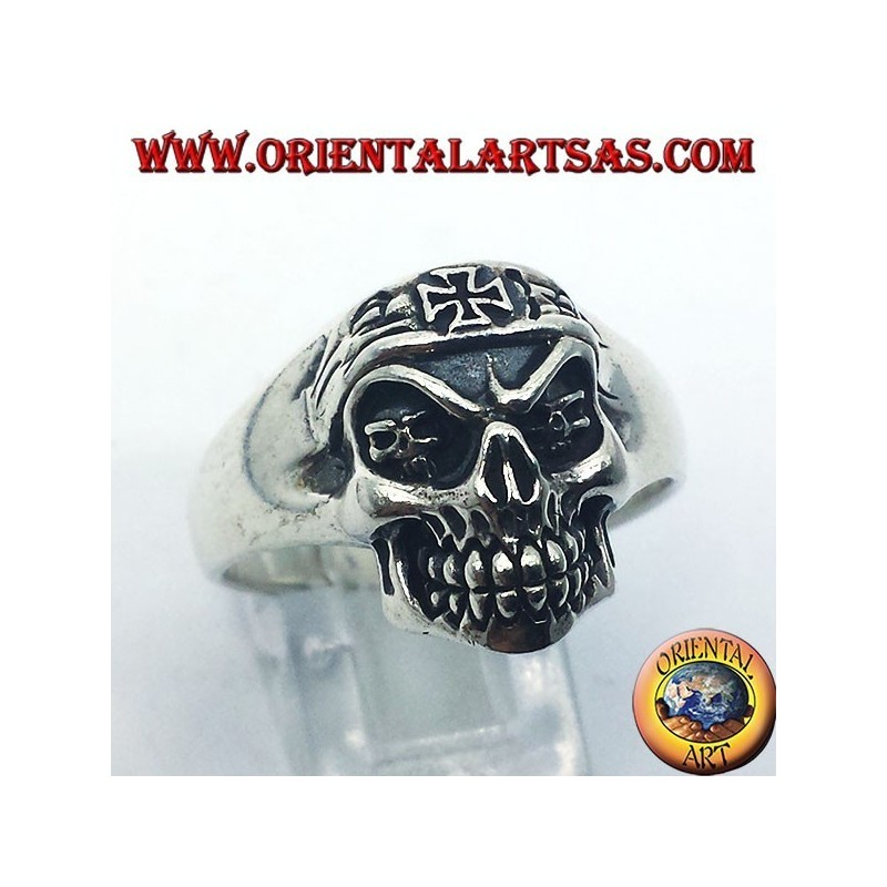 silver ring, biker skull with iron cross