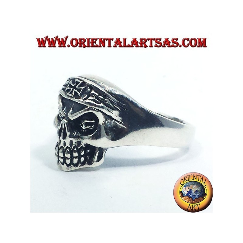Silber Ring Biker Schädel mit Eisernem Kreuz
