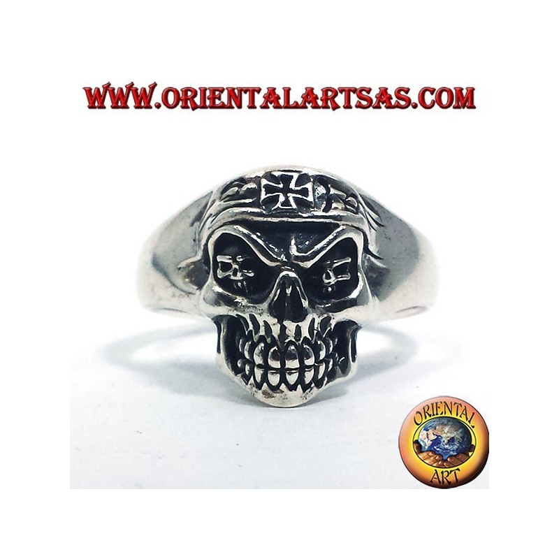 Silber Ring Biker Schädel mit Eisernem Kreuz