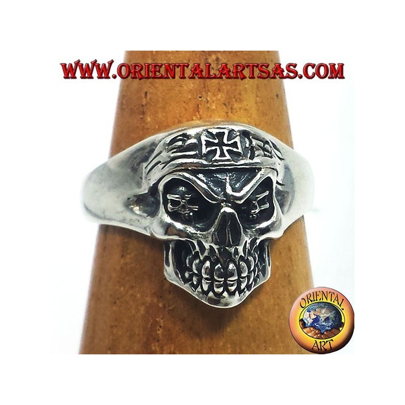 silver ring, biker skull with iron cross
