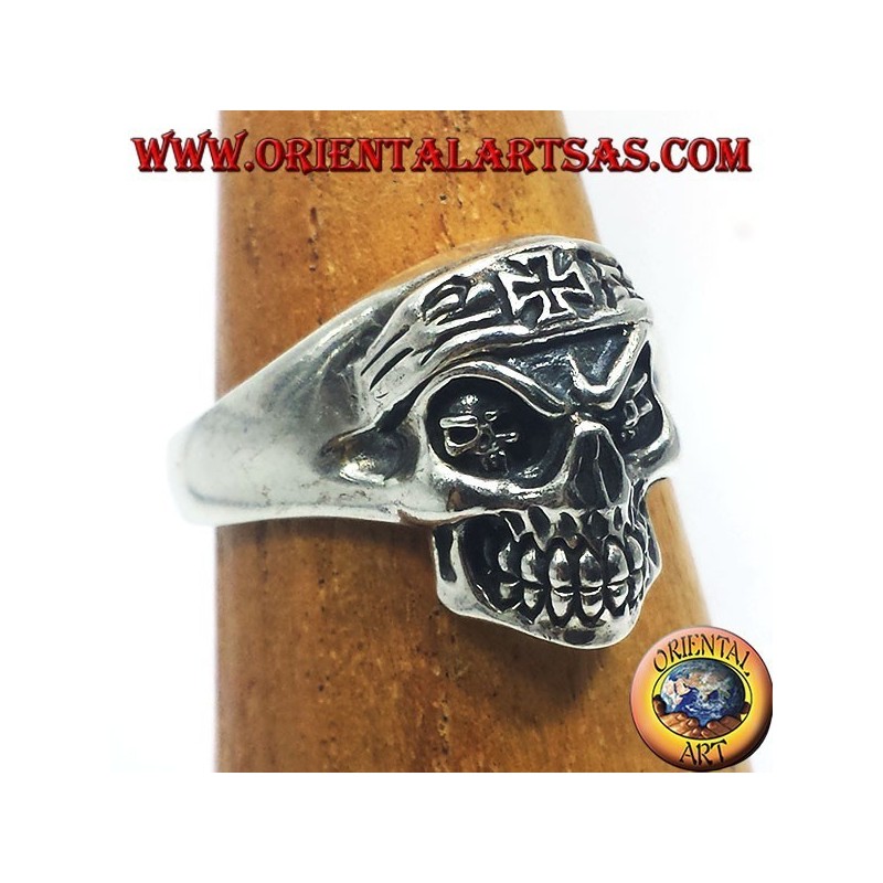 Silber Ring Biker Schädel mit Eisernem Kreuz