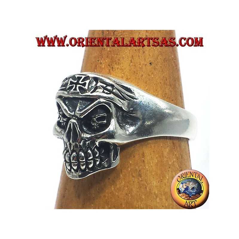 silver ring, biker skull with iron cross