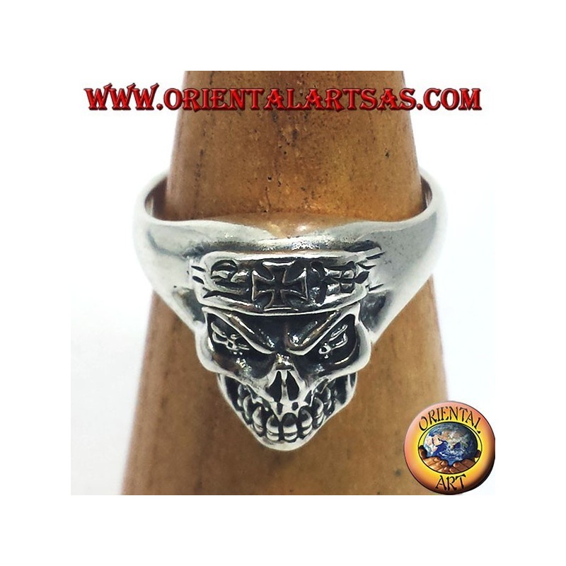Silber Ring Biker Schädel mit Eisernem Kreuz