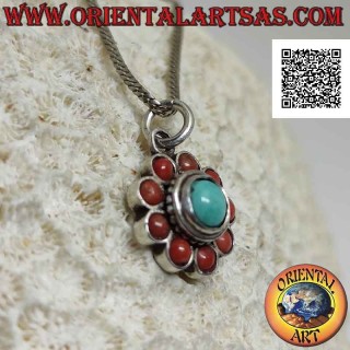 Pendant in silver flower with antique Tibetan turquoise cabochon surrounded by round corals (2)