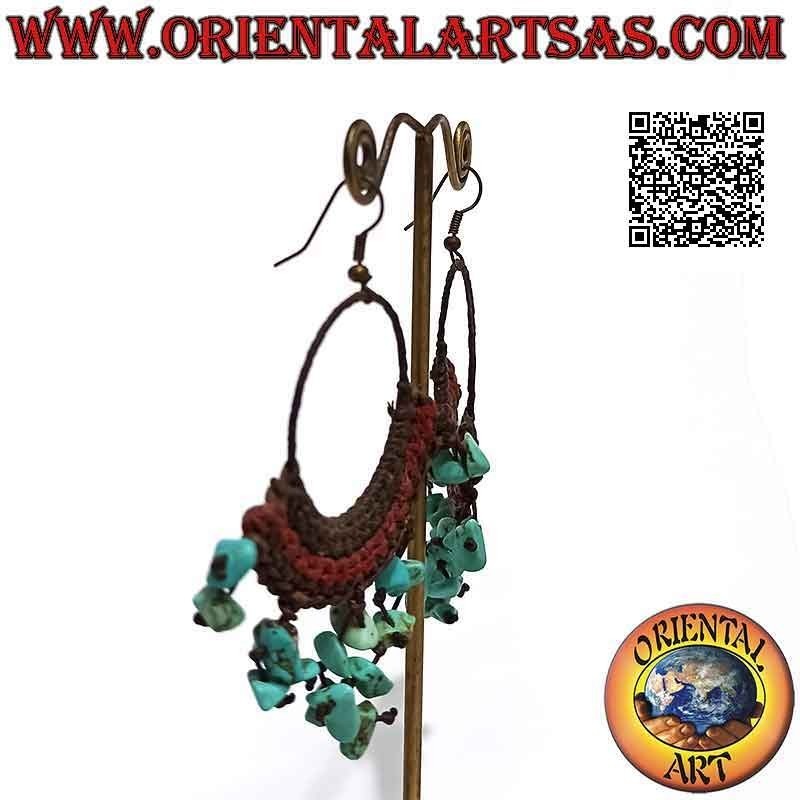 Handmade hoop earrings with macramé technique and hanging turquoise fragments