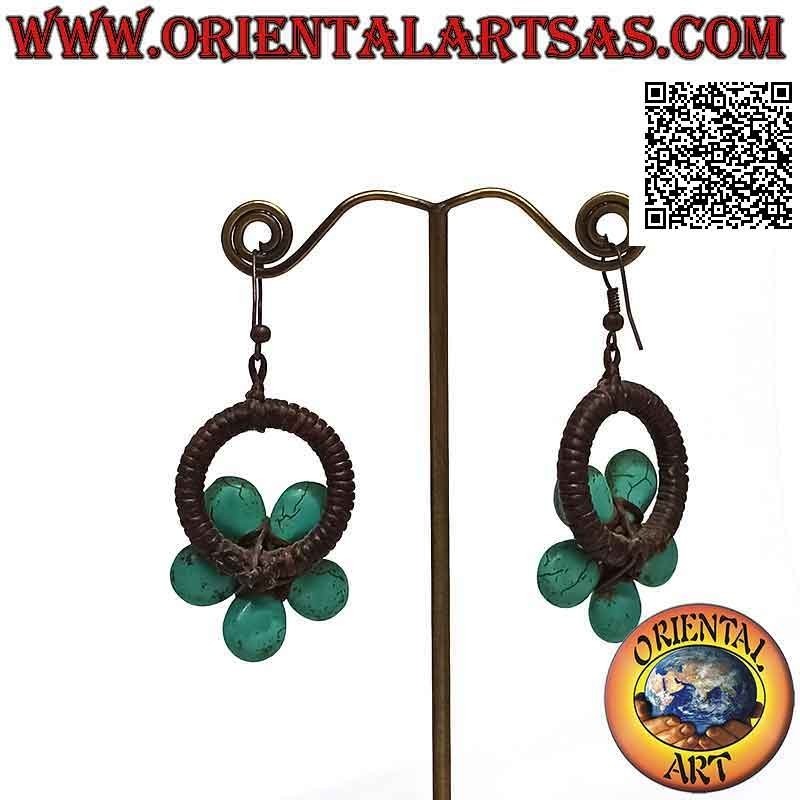 Handmade hoop earrings in macramé technique with turquoise paste flower and coral center