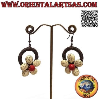 Handmade hoop earrings in macramé technique with howlite paste flower and coral center