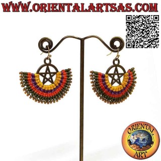 Handmade earrings in golden brass and macramé technique with pentacle