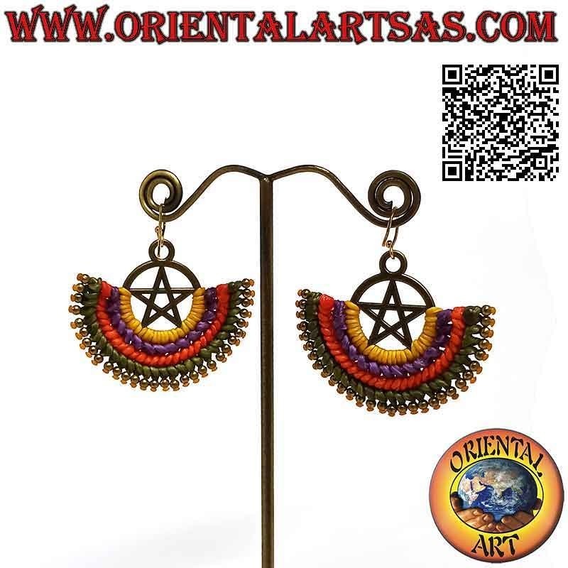 Handmade earrings in golden brass and macramé technique with pentacle