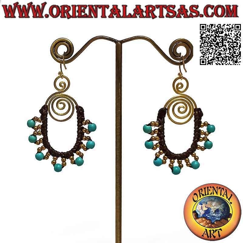 Handmade earrings in golden brass and macramé technique with turquoise beads (oval)