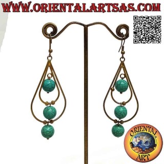 Boucles d'oreilles double goutte faites main en laiton doré alternant avec des sphères en pâte turquoise