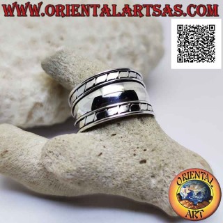 Wide band silver ring with parallel oblique lines engraved on the sides, Bali