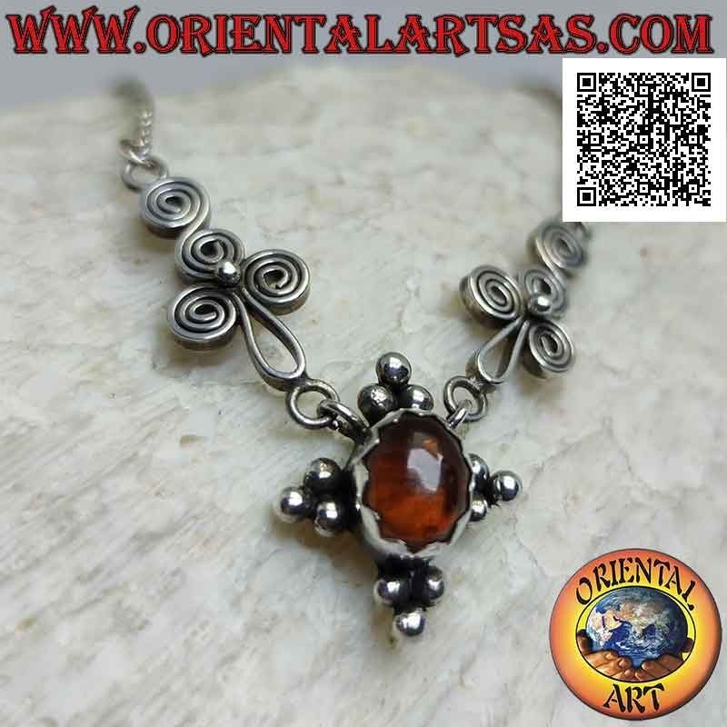 Collar de cadena de plata 925 ‰ con ámbar ovalado y trío de bolas en 4 lados en el centro entre espirales
