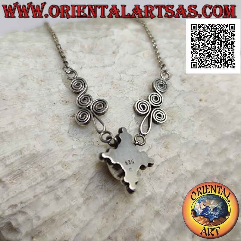 Collana in argento 925 ‰ a catenina con ambra ovale e tris di palline sui 4 lati al centro tra spirali