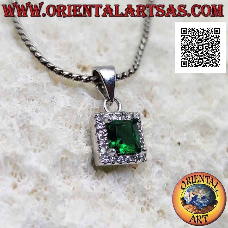 Silver pendant with square synthetic emerald surrounded by zircons