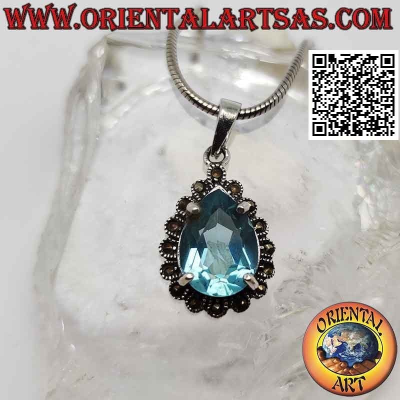 Ciondolo in argento con topazio blu a goccia incastonato contornata di marcassite