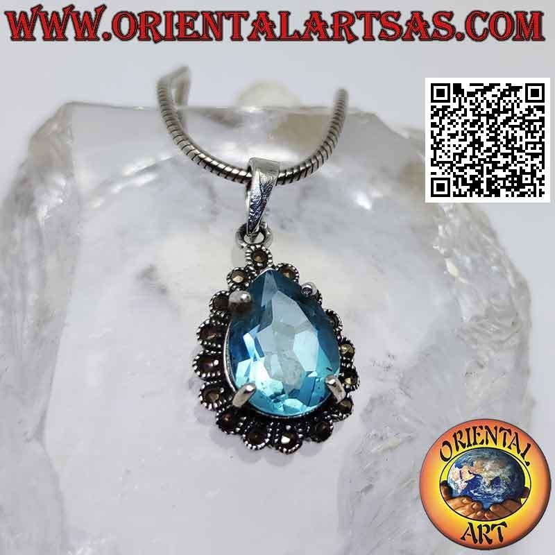 Ciondolo in argento con topazio blu a goccia incastonato contornata di marcassite