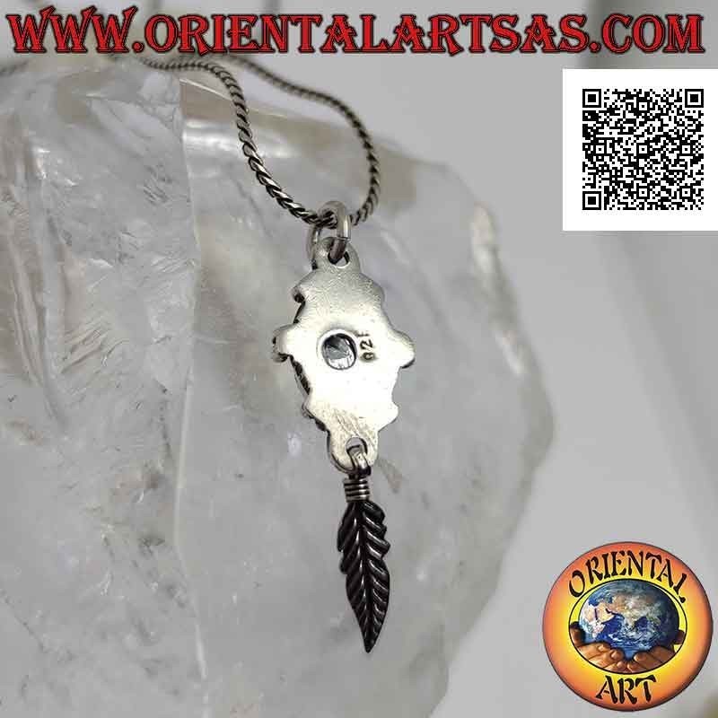 Silver pendant with oval lapis lazuli surrounded by pairs of balls and a pendant feather