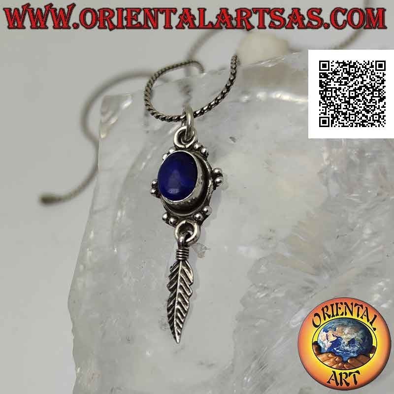 Pendentif en argent avec lapis lazuli ovale entouré de paires de boules et d'un pendentif plume