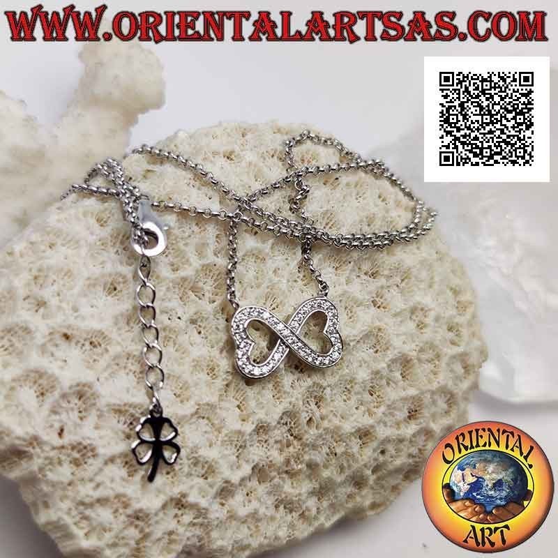 Collier chaîne en argent 925 ‰ avec infinité de deux cœurs en miroir parsemés de marcassite