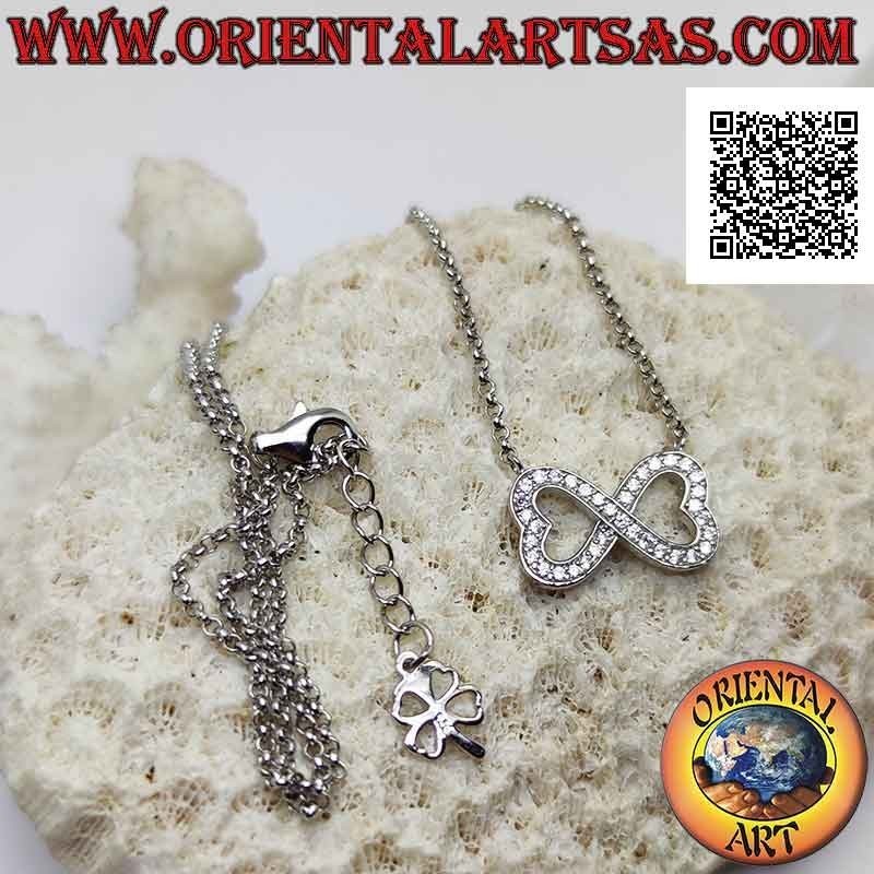 Collana in argento 925 ‰ a catenina con infinito di due cuori a specchio tempestati di marcassite