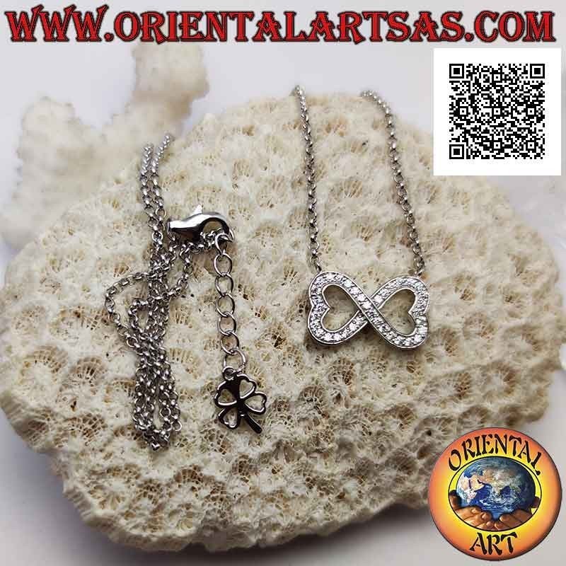 Collana in argento 925 ‰ a catenina con infinito di due cuori a specchio tempestati di marcassite