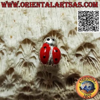 Silver mini earring, the large red enameled ladybug with half-closed wings