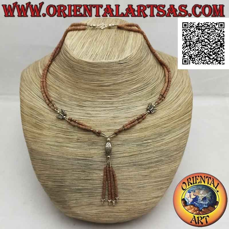 Collana girocollo a due fili di tubicini di giada grezza e argento 925 ‰ infilati con farfalle e ciuffetto