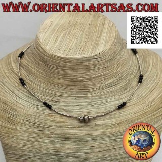 Collier ras de cou en onyx (tris) et perles en argent 925 ‰ enfilées avec inserts centraux