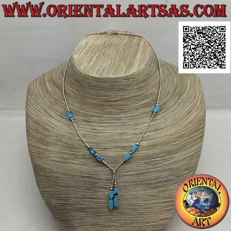 Choker necklace of 925 ‰ silver beads and turquoise parallelepipeds strung with a tuft