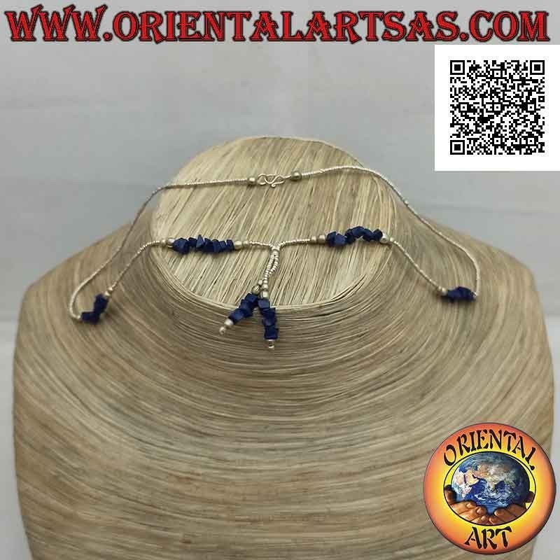 Choker necklace of 925 ‰ silver beads and lapis lazuli fragments strung with a tuft